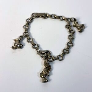 Charm Bracelet Silver Tone Duck Charms Textured Link 7 Inch Vintage